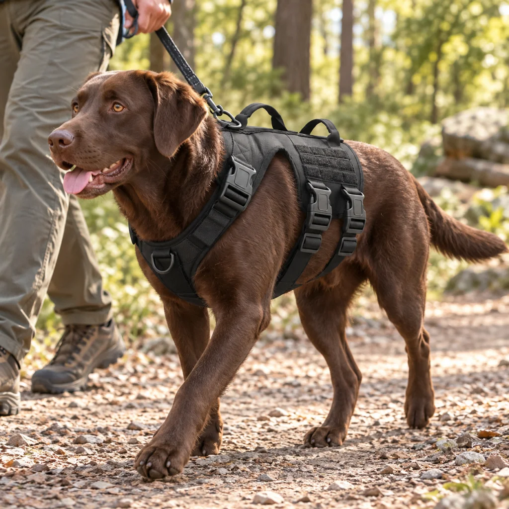 Dog wearing the tactical harness outdoors