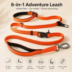 Hands-free dog leash with car seat buckle 6-in-1 bungee