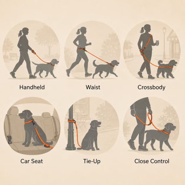 Hands-free dog leash with car seat buckle clip detail