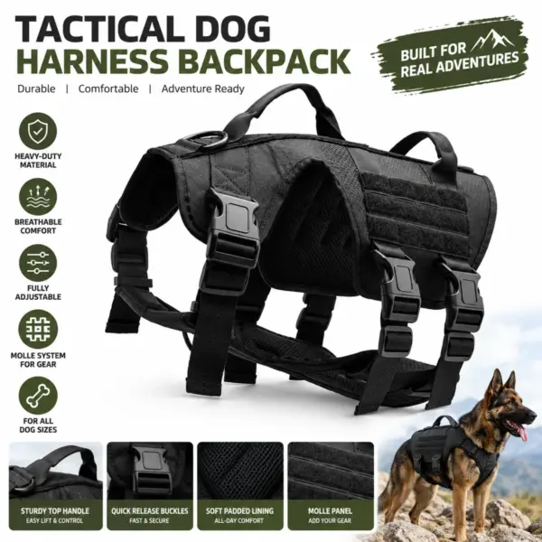 Tactical dog harness back clip and top handle close-up