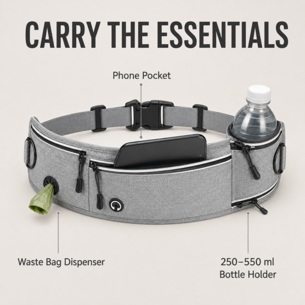 Hands-free waist leash with reflective trim and dual handles