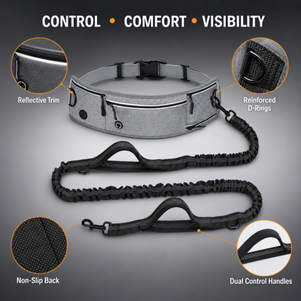 Hands-free running leash waist pack for phone and waste bags