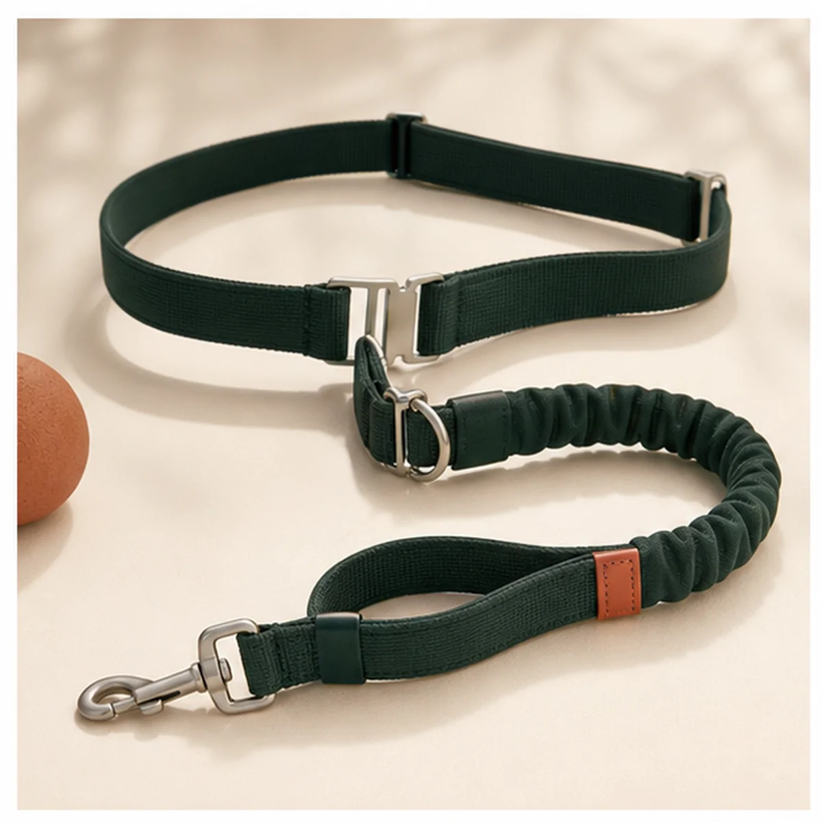 PawFurvia Multi-Function Hands-Free Dog Leash concept visual in PawFurvia forest green premium style