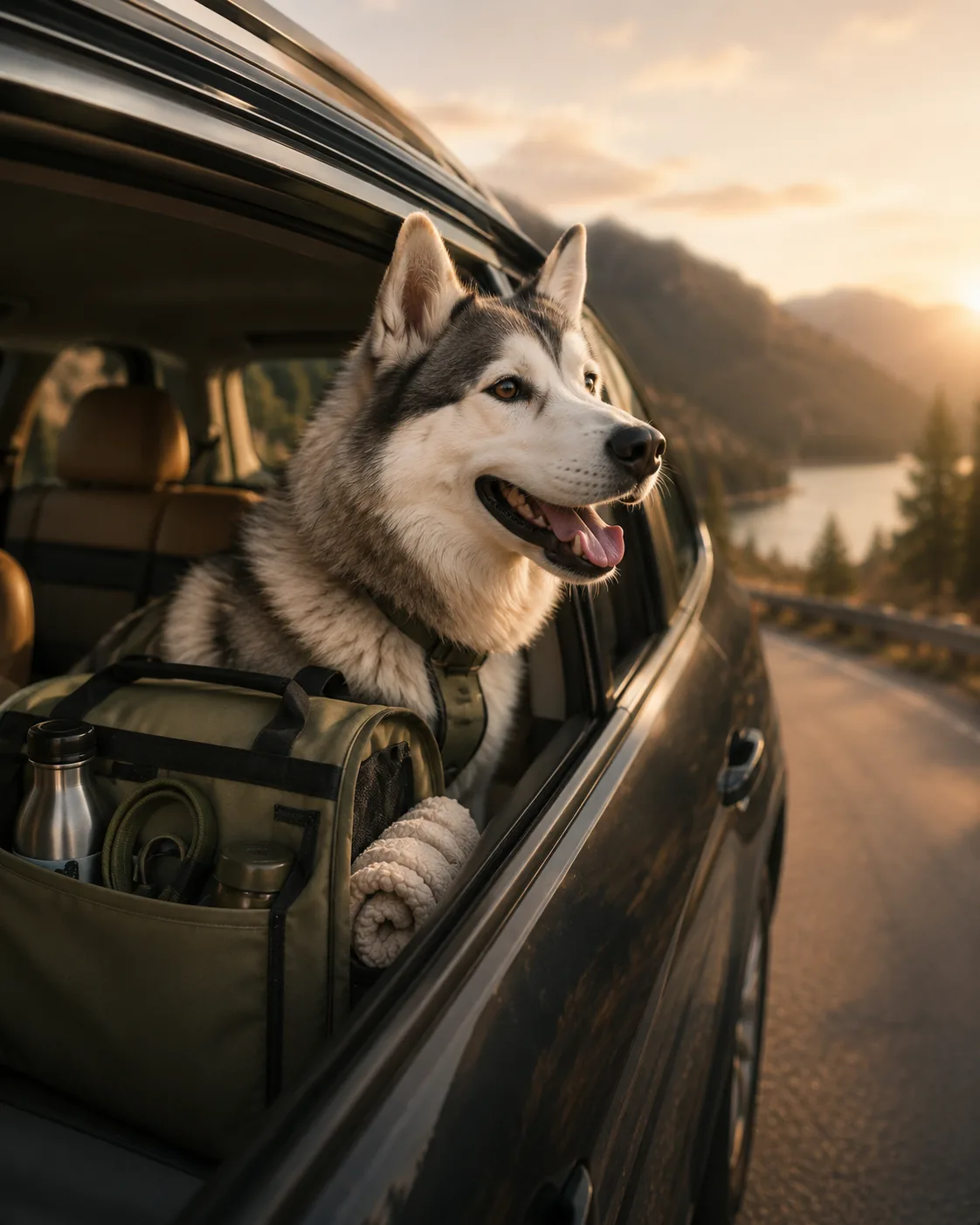 Dog looking out from a car on a travel day