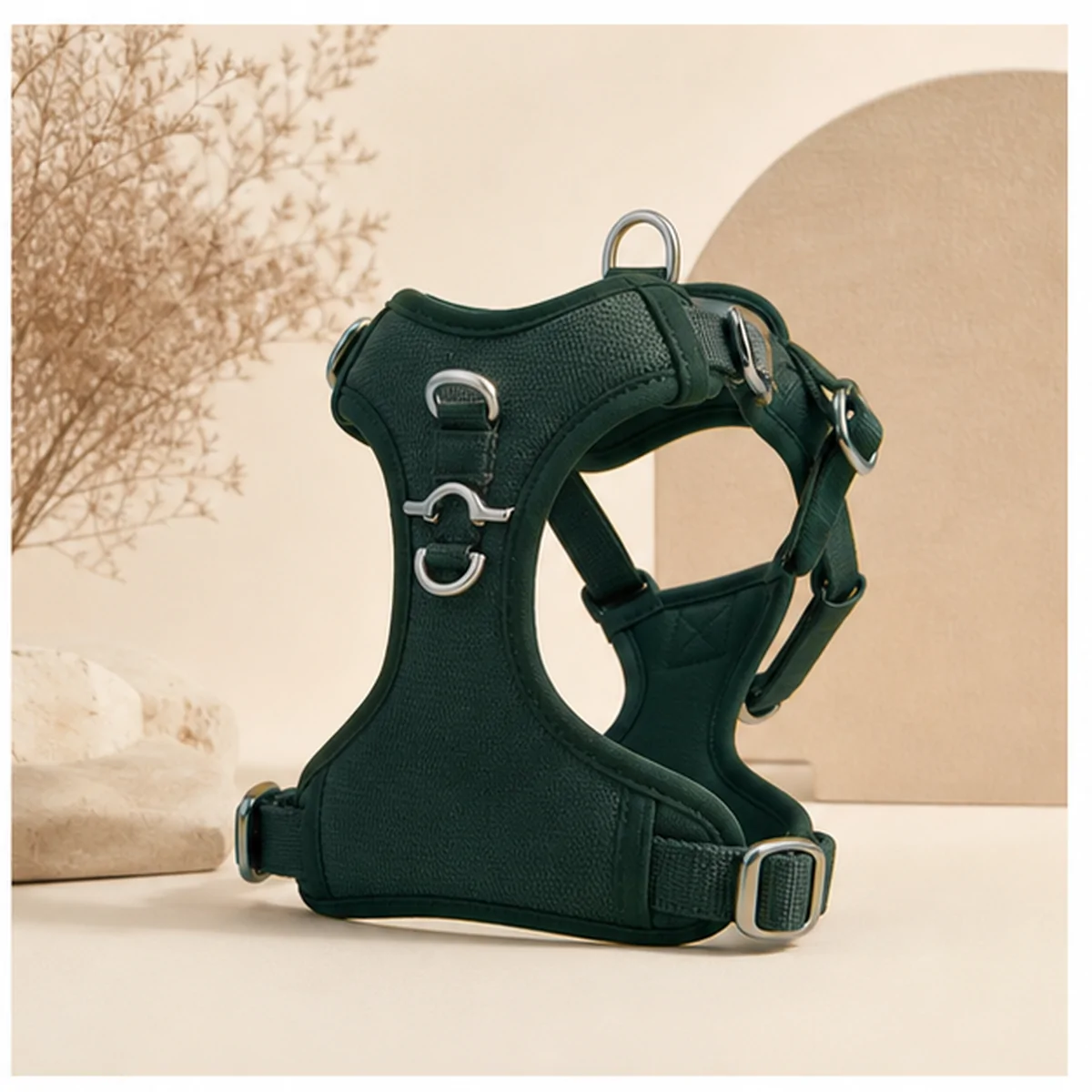 PawFurvia No-Pull Adventure Harness concept visual in PawFurvia forest green premium style