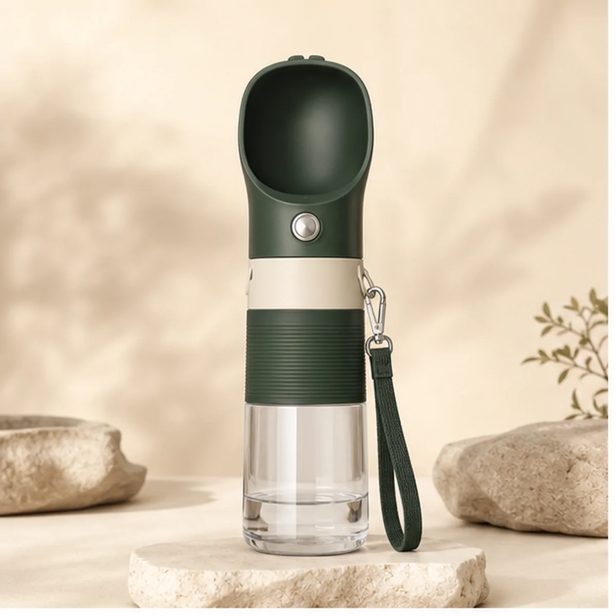 PawFurvia Portable Dog Water Bottle concept visual in PawFurvia forest green premium style
