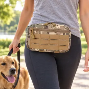 Camouflage dog walking waist pack worn on a park walk