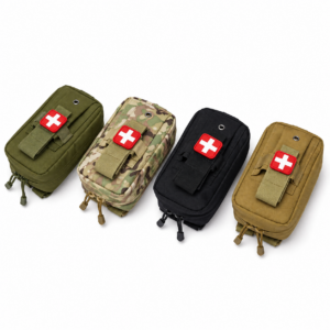 Four color options of the tactical pet first aid organizer pouch: olive, camouflage, black, and tan.