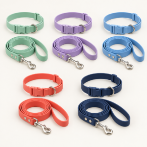 Color-matched waterproof PVC dog collar and leash pairs in mint, lavender, sky blue, coral and navy