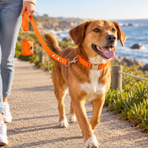 Brown dog wearing an orange waterproof PVC collar with matching leash and orange waste bag dispenser on a coastal path