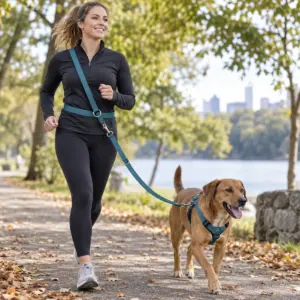 Jogger wearing a deep teal waterproof multifunction leash cross-body while walking a medium dog in a park