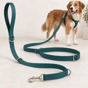 Deep teal 98-inch waterproof PVC multifunction running leash with adjustable waist loop, D-rings and swivel clips