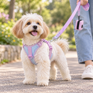 Small dog wearing a lavender and light blue harness and collar set with matching leash and pouch on a park walk