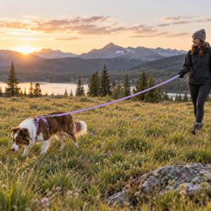Dog exploring an open meadow on a 16 ft lavender waterproof PVC long line held by its handler