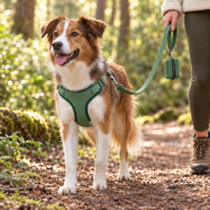 Dog wearing dark green waterproof harness with matching leash and waste bag pouch on a woodland walk