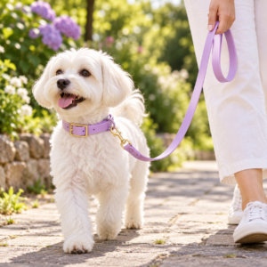 Small white dog wearing a pastel lavender waterproof PVC collar with gold-tone hardware and matching leash on a garden path