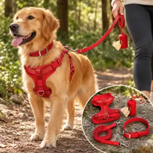 Dog wearing a bright red waterproof harness and matching collar with red leash and waste bag holder on a woodland walk