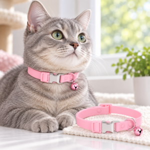 Gray cat wearing a pink waterproof adjustable safety collar with bell