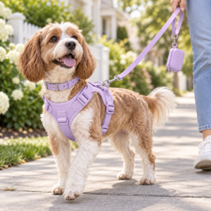 Small dog wearing a pastel lavender waterproof harness and collar set with matching leash and waste bag holder on a sunny park walk