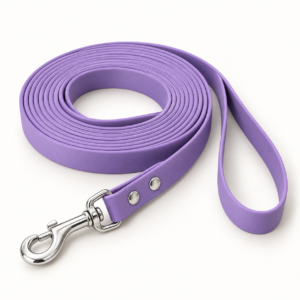 Lavender waterproof PVC long-line dog leash, 16 ft (5 m), coiled with silver swivel snap hook and hand loop