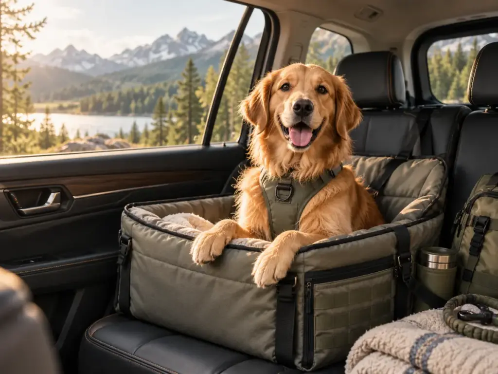 A golden retriever resting in a padded car booster seat on a road trip