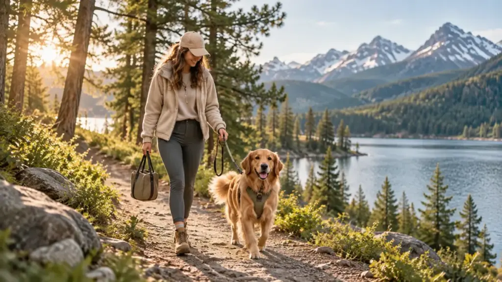 A woman walking her dog along a lakeside path in evening light