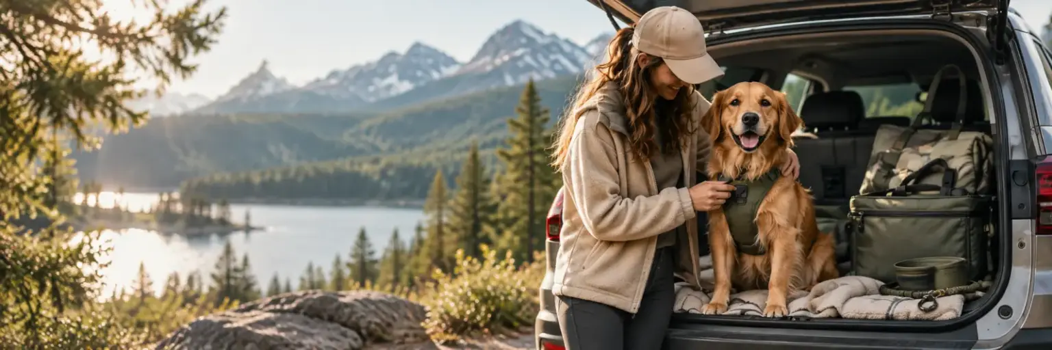 An owner fitting a harness on her golden retriever at the open boot of a packed SUV above a mountain lake