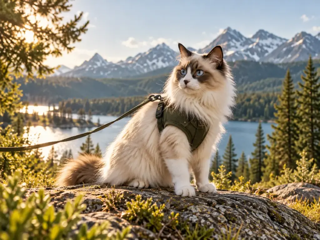 A ragdoll cat in a harness and leash sitting on a rock above a mountain lake