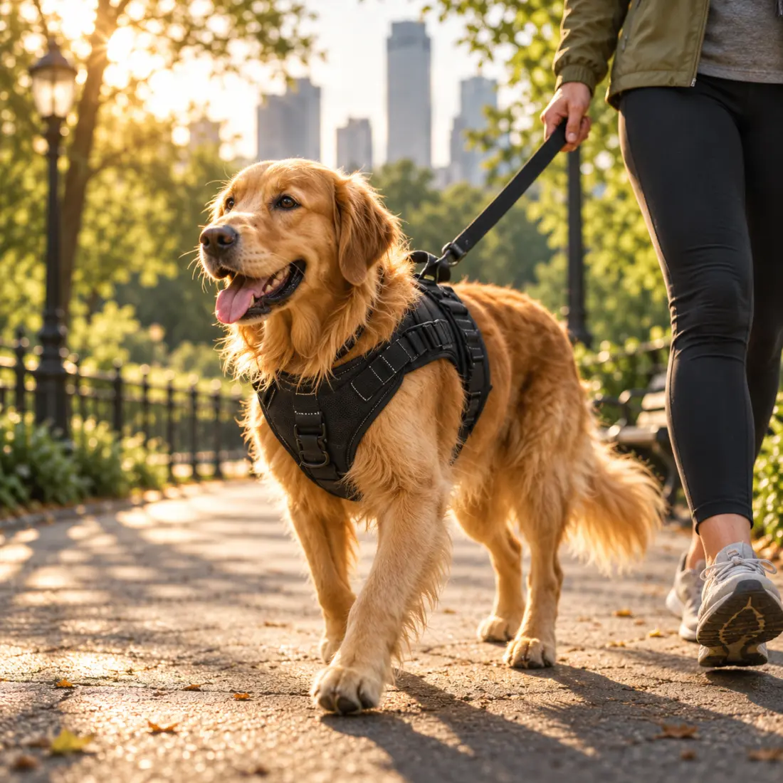 PawFurvia Morning Walk scene with dog and harness in soft morning light
