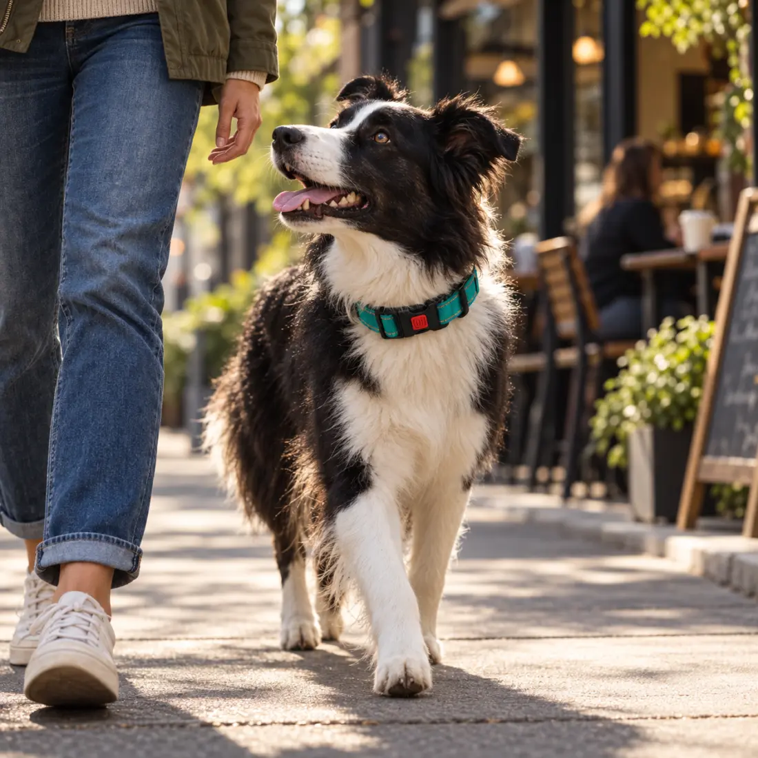PawFurvia City Stroll scene with dog wearing a collar on a city sidewalk