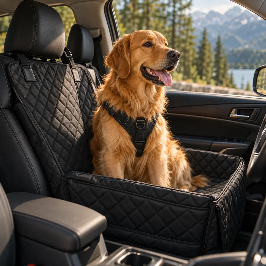 PawFurvia Road Trip scene with dog in a car with front seat protector