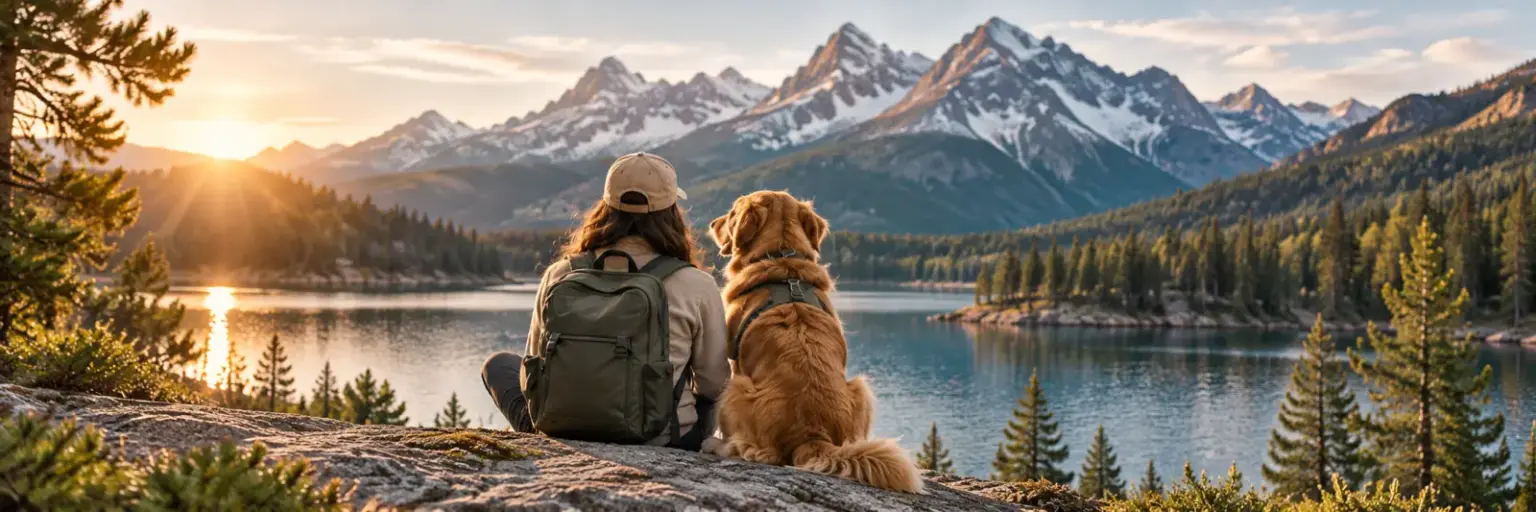 An owner and her golden retriever sitting together on a rock, watching the sun set over a mountain lake