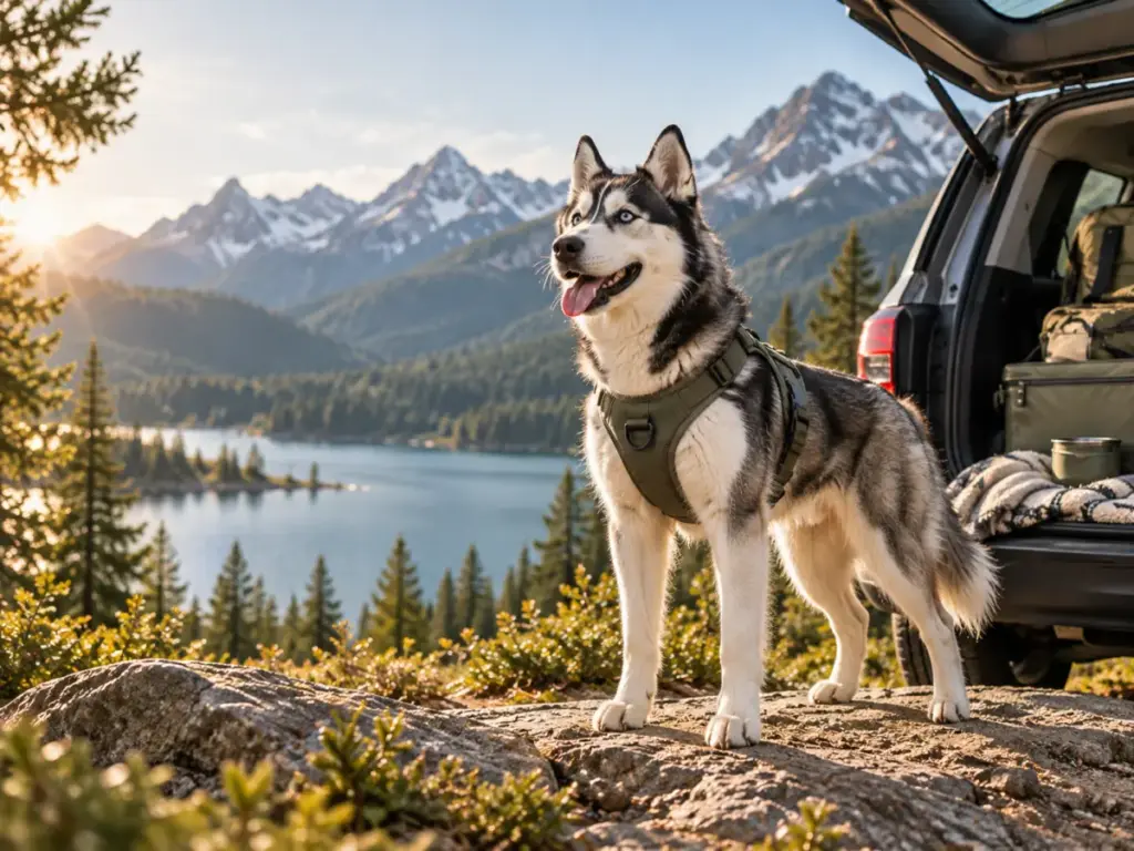 A husky in an outdoor harness standing on a rock beside a packed SUV