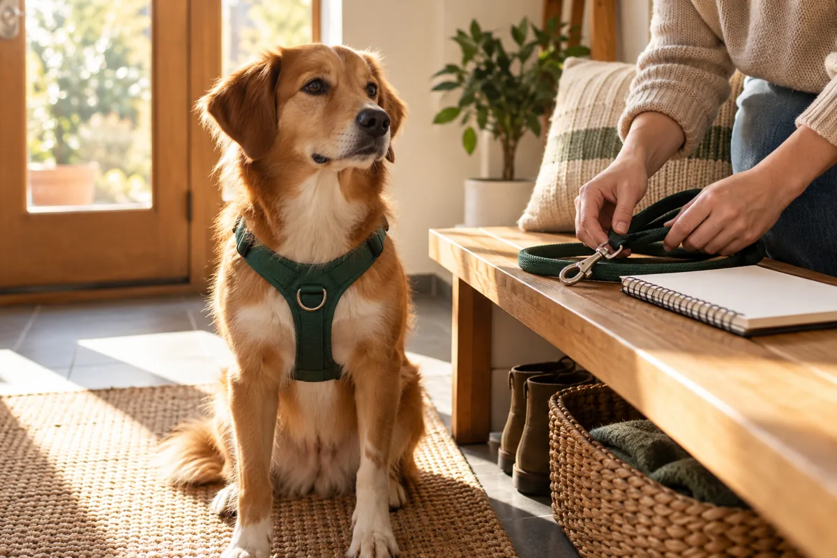 Illustrative dog-walker handover scene with a leashed dog in a green harness and a blank notebook