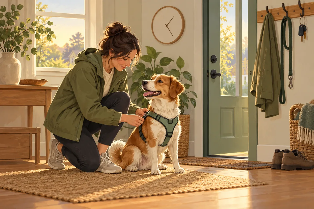 Editorial illustration of a dog and walker preparing for an early morning walk