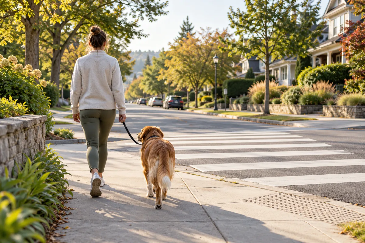 Generated editorial image of a person walking a dog toward a marked crossing on a quiet neighborhood route