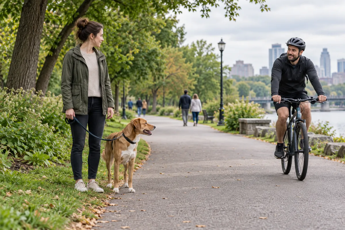 Generated editorial image of a person and dog waiting at the side of a shared path as a cyclist passes