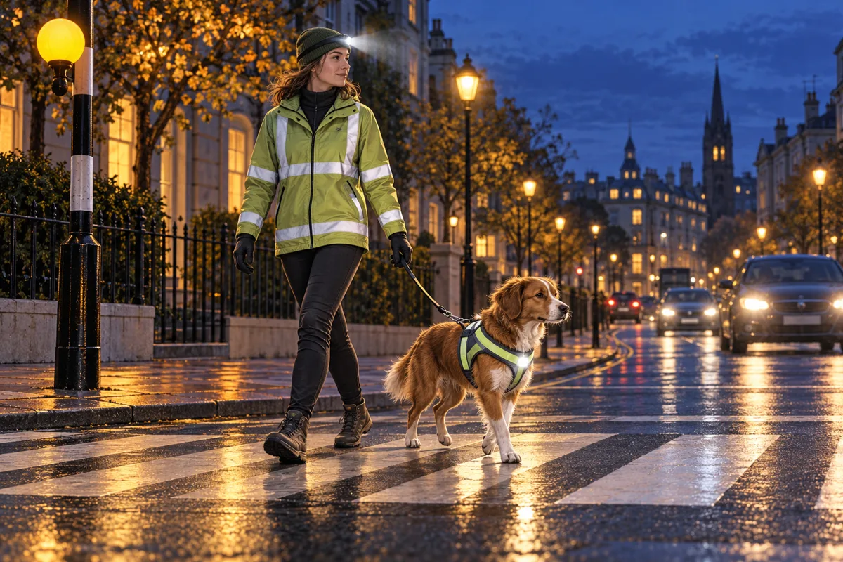 Editorial illustration of a dog and walker wearing reflective gear on a well-lit evening crossing